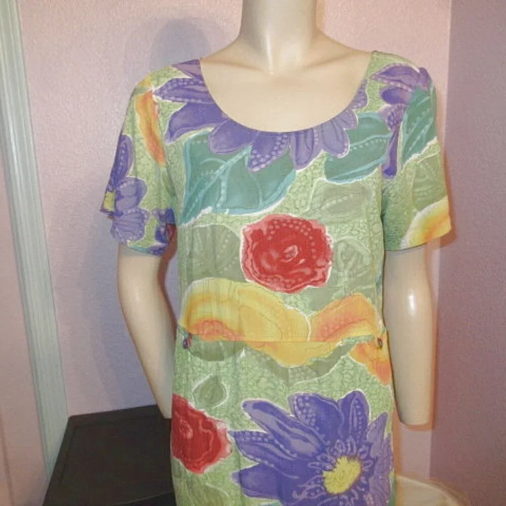 Vtg Jams World Midi Dress Size S Pockets Floral Hawaiian Aloha Art Print Violare